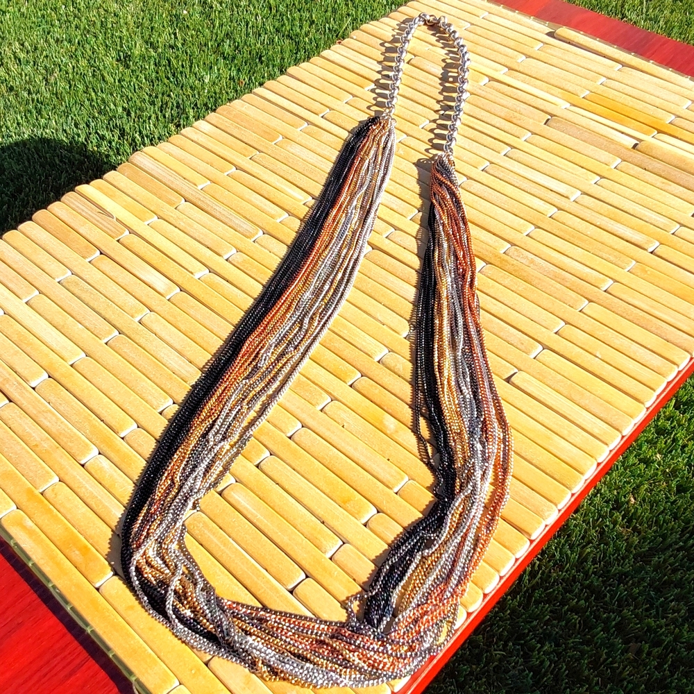 Long Mixed Metal Chain Black Silver Bronze Necklace